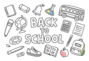 Back to school doodle illustration with books, pencils, school bus, globe, and stationery in hand drawn sketch style education design