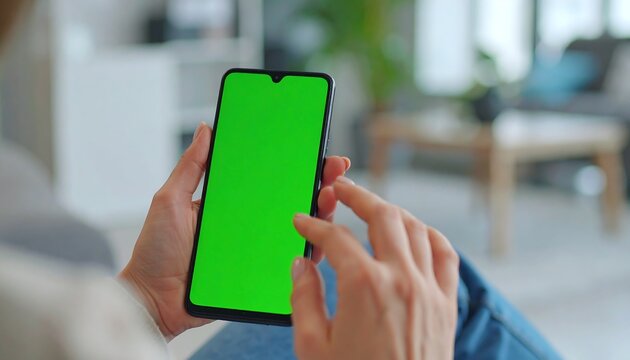 Woman holding smartphone with green screen display