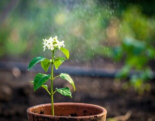 Small plant in pot, white flowers, watering