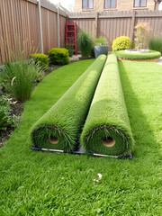 Installing turf rolls in the garden