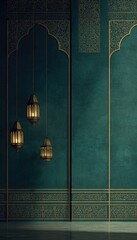 Teal wall with ornate gold detailing, three hanging lanterns casting soft light, creating a serene, opulent atmosphere