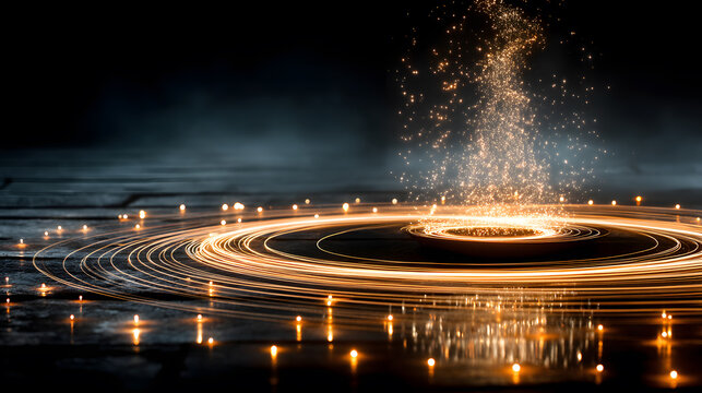 Long Exposure Light Painting Of Spinning Steel Wool Creating Fire Spark Circle