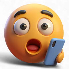 Shocked emoji looking at phone isolated on transparent background, expressing surprise and disbelief