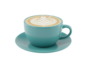 Isolated Cup of Cappuccino with Latte Art on a Teal Saucer for a Coffee Shop or Café