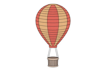 Fototapeta premium A cartoon illustration of a hot air balloon with red and beige stripes and a beige basket. background removed