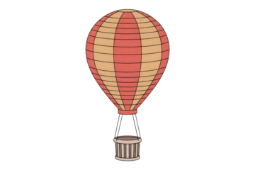 A cartoon illustration of a hot air balloon with red and beige stripes and a beige basket. background removed