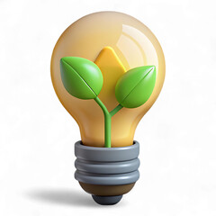 A light bulb with green leaves inside isolated on transparent background in 3d rendering