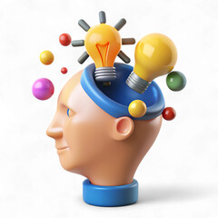 A head with light bulbs and colorful balls isolated on transparent background in 3d render