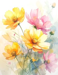 Beautiful Watercolor Cosmos Flowers.