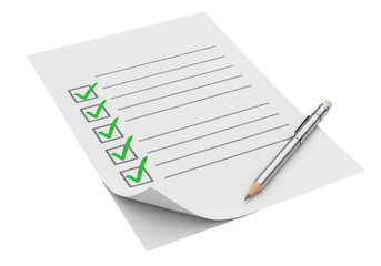 Isolated Checklist document with checkmarks and a pencil on top of it on an abstract surface
