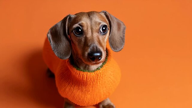 A dachshund in an orange sweater sits against a matching backdrop, evoking warmth and playfulness, ideal for autumn or Halloween themes with vibrant hues and cozy textures