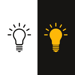 Illustration of two light bulbs one in black outline and the other in yellow against split background