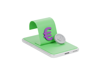 Isolated transaction concept phone with euro currency sign and checkmark coin, illustration