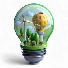A lightbulb with a miniature green landscape inside, symbolizing renewable energy isolated on transparent background