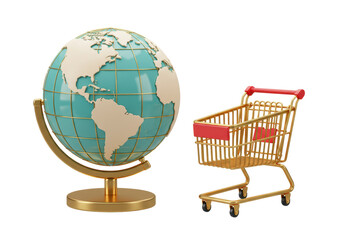 Isolated globe and miniature shopping cart showing worldwide retail shopping concept