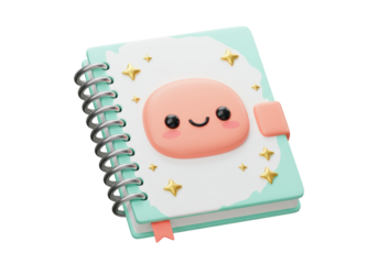 Isolated notebook with cute face, stars and pink bookmark, stationery for school, study