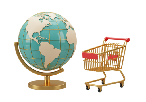 Isolated globe and miniature shopping cart showing worldwide retail shopping concept