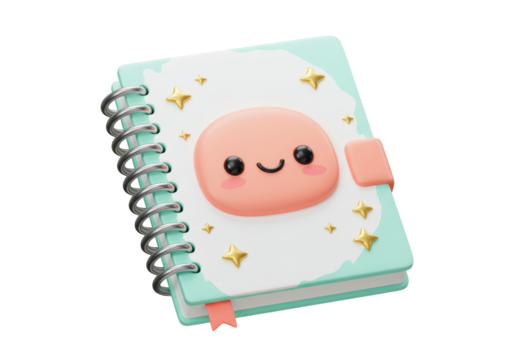 Isolated notebook with cute face, stars and pink bookmark, stationery for school, study