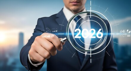 Businessman focuses on the year 2026 with futuristic technology