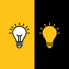 Illustration of two light bulbs one white on yellow and one yellow on black background in simple style