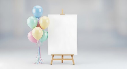 Pastel-colored balloons cluster around a blank canvas on an easel, creating a cheerful and inviting visual.