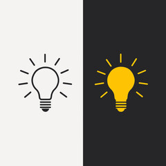 Two light bulbs one in black outline on white background and one in yellow on a black background design