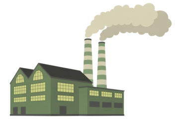 A green factory with two striped smokestacks emitting smoke against a dark transparent background. background removed