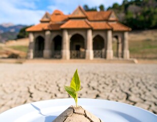 Small sprout in cracked earth, temple background