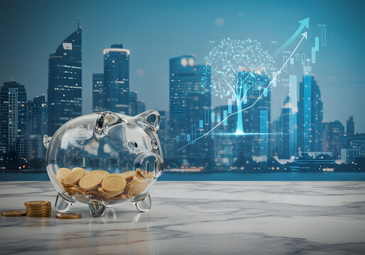 Modern urban cityscape with skyscrapers and digital financial growth charts illustrating economic development investment opportunities and urban prosperity