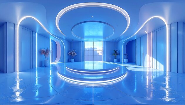 A vibrant, futuristic interior design showcases a captivating blue space with glowing accents and a modern, reflective floor.