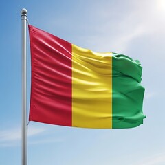 A vibrant image of the flag of benin, displayed against a clear, light blue sky.