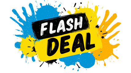 A vibrant flash deal advertisement with colorful paint splatters and bold lettering on a white background