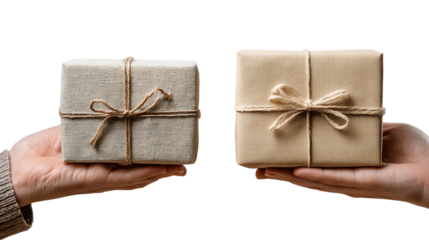 Hands exchanging wrapped gift boxes isolated on transparent background