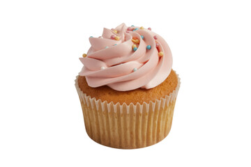 A single pink frosted cupcake with sprinkles, isolated on a transparent background. background removed