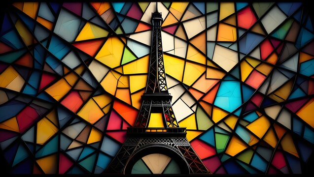 Eiffel tower stained glass colorful background geometric shapes abstract design art parisian style architecture, france, landmark, travel, europe