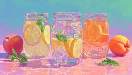 Three mason jars filled with iced citrus fruit drinks, lemons, oranges, peaches, and mint, sit on a pink surface against a pastel background.  The style is vibrant and slightly surreal