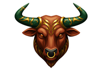 Isolated fantasy bull head, a mythical animal with green horns and a golden nose ring