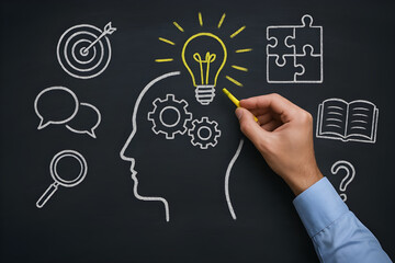 Professional businessman presents modern business strategy icons for team success and global growth in a visionary concept.