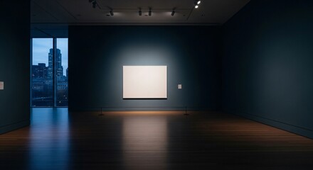 Modern Art Gallery Interior with White Canvas and Cityscape View.