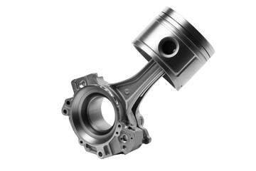 A close-up of a metallic piston and connecting rod assembly, isolated on a transparent background. background removed