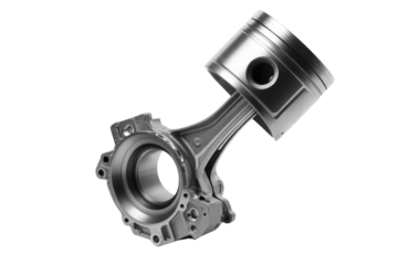 A close-up of a metallic piston and connecting rod assembly, isolated on a transparent background. background removed