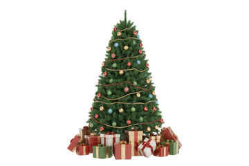 Naklejka premium A decorated Christmas tree with presents at its base, isolated on a transparent background. background removed
