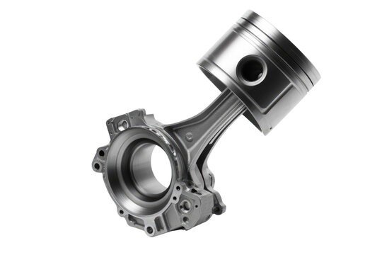A close-up of a metallic piston and connecting rod assembly, isolated on a transparent background. background removed