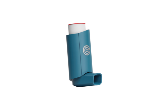 A teal inhaler, a medical device for asthma or COPD treatment, is shown against a transparent background. background removed