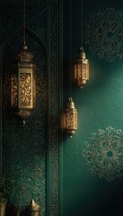 Three ornate, hanging lanterns illuminate a teal wall adorned with intricate gold detailing and arched alcove.  Warm light casts shadows