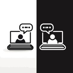 Illustration of a video call on a laptop with a speech bubble in black and white split background design