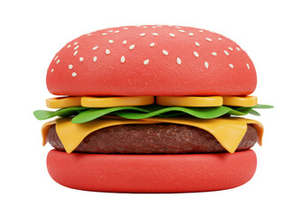 Isolated rendering of a colorful burger with red buns, cheese, lettuce, and veggie slices