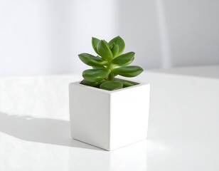 Small succulent in white pot on white surface
