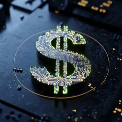 A three-dimensional dollar sign, rendered with intricate circuit board patterns, is highlighted by glowing green accents on a dark circuit board backdrop.