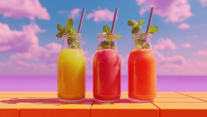 Three vibrant fruit smoothies in glass bottles with metal straws and mint garnish, sit on an orange surface against a dreamy pastel sky